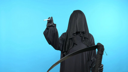 Sketch on a blue background. death with a scythe shows a cigarette