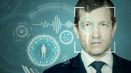 Face recognition by meshing and scanning the eye. Biometric verification and identification. Technology of the future.