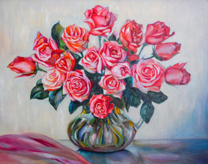 Figure vase with red roses on the table. Oil paints