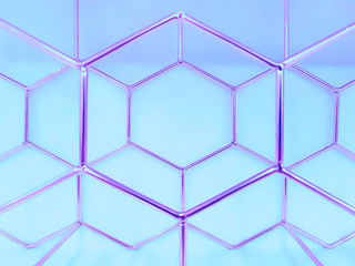 Geometric pattern of hexagons made of metal in purple on a blue background. Concept background, abstraction