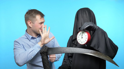 sketch. death shows a man a watch. the man bargains with death