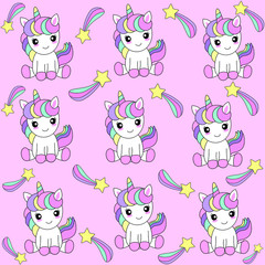 Unicorn pattern with pastel pink background. Kids cute happy cartoon with baby unicorn, stars for baby clothes, nursery art, sticker, print, pop art. Kawai fantasy animal. Vector illustration