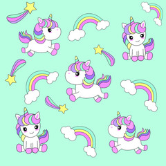 Fototapeta premium Unicorn pattern with pastel blue background. Kids cute happy cartoon with baby unicorn, rainbow, stars for baby clothes, nursery art, sticker, print, pop art. Kawai fantasy animal. Vector illustration