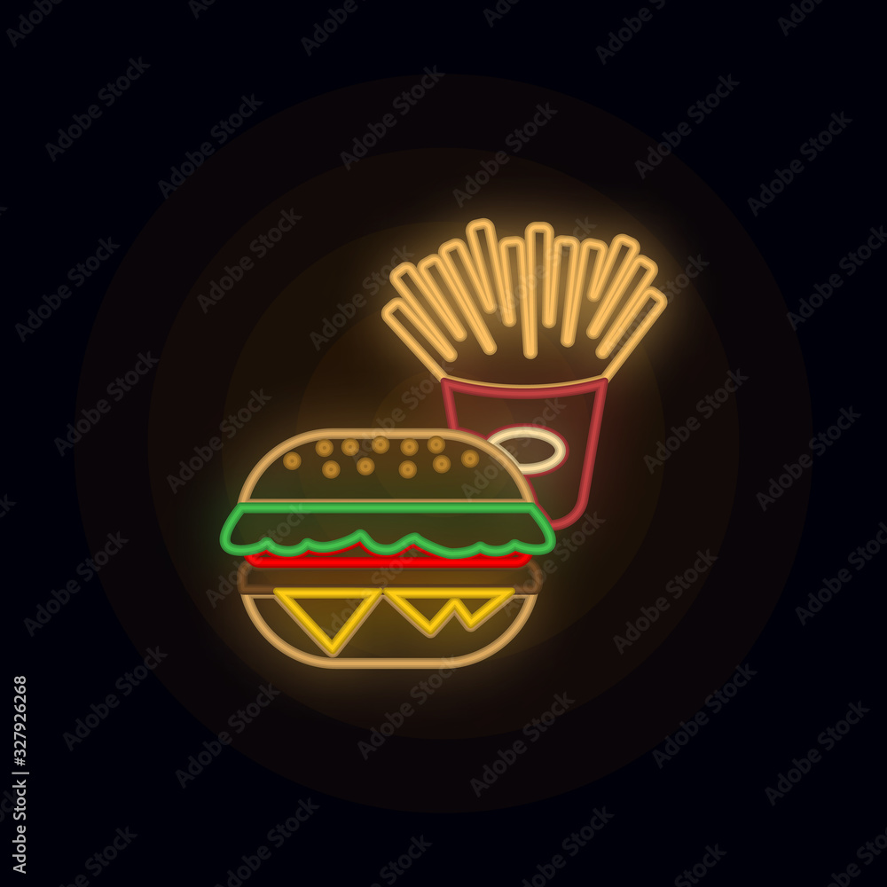 Poster food, hamburger neon icon. simple thin line, outline vector of web icons for ui and ux, website or m