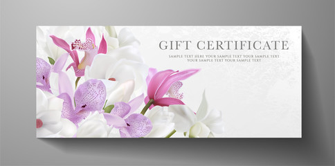Gift certificate, voucher design for VIP invite. White background with orchid, magnolia flowers bouquet. Vector template useful for wedding card, anniversary invitation, 8 March greeting