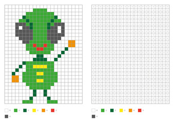 Fototapeta premium Kids coloring page, pixel coloring green fun alien. Vector illustration