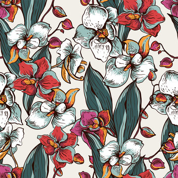 Natural vector seamless pattern with blooming orchid. Exotic flowers