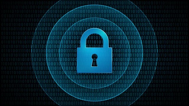 Internet technology lock security symbol with waves in digital background. Loop video animation.