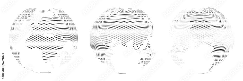 Poster a set of three options for different locations of the globe, built from points. isolated. planet ear