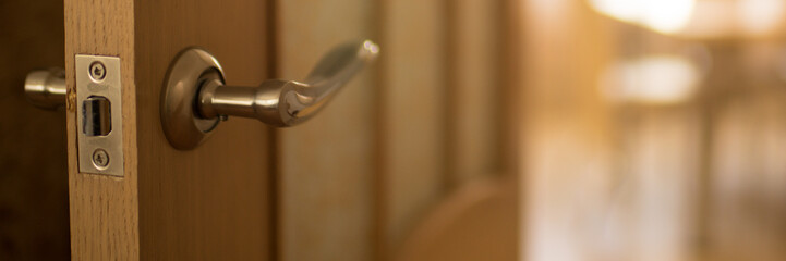 Door end with chrome handle in the sunny room