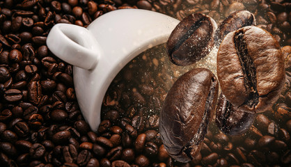 background with coffee beans falling on a cup of coffee
