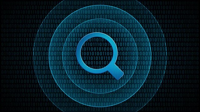 Internet technology search magnifier symbol with waves in digital background. Loop video animation.