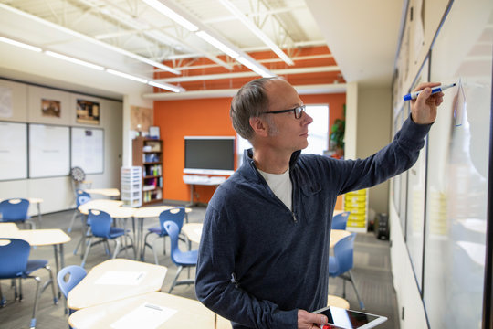 Male Junior High Teacher Preparing At Whiteboard In Classroom