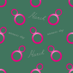 Womens day. March 8. The pink number is eight. Repeating vector pattern. Isolated green background. Seamless festive ornament. Delicate background. Idea for web design, packaging, wallpaper, cover.
