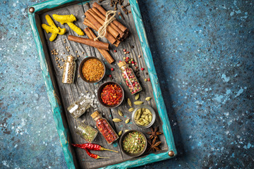 Different spices, kitchen herbs and seeds for tasty meals