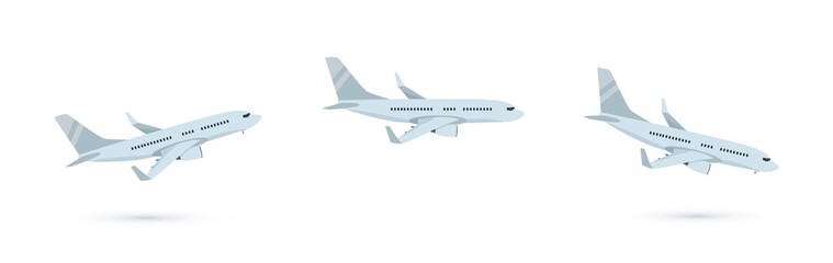 Fototapeta na wymiar Vector set of cartoon illustration of passenger airplane isolated on white background. Taking off, flying and landing commercial airplane. Airline concept, travel passenger Jet for design. Side view.