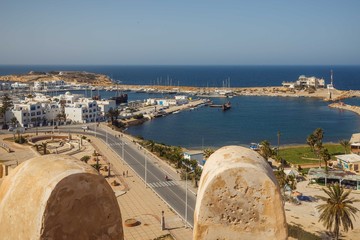 Top view of the sea, bay, marina, port in Monastir, Tunisia, North Africa. View from the Ribat...