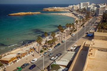 Top view of the sea, bay, marina, embankment in Monastir, Tunisia, North Africa. View from the...