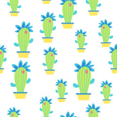 Funny cactus with flower seamless pattern