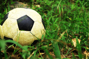 Close up image of dirty football or soccer ball on grass and leaf ground image