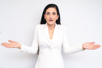 Shocked business woman showing hands