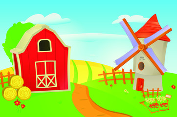 A farm with a barn, a windmill, a vegetable garden, and a field. Summer landscape. Summer in the countryside.