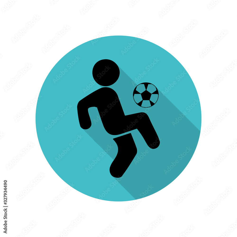 Poster soccer player with ball long shadow icon. simple glyph, flat vector of arrow icons for ui and ux, we