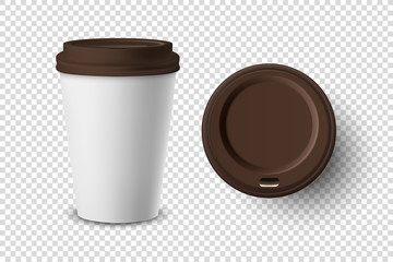 Vector 3d Realistic Disposable Opened Paper, Plastic Coffee Cup for Drinks Icon Set Closeup Isolated on Transparent Background. Design Template, Mockup. Top and Front View