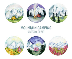 Camping in the mountains. Watercolor set of landscapes in circle, with tent, forests and flowers. Mountain adventure.Traveling, mountaineering. The concept of outdoor activities. Adventure is waiting