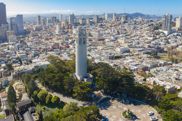 Aerial daytime view of Coit Tower, San Francisco, California, USA. Tower is in center of photos...