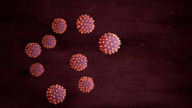 3d footage with a few small cells of coronavirus which moves forwards together at the stream of a human blood vessel. Medical research concept of a deadly virus in the world health organization.