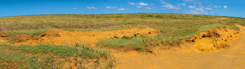 Panoramic view of green sand beach trail along the coastline in Big Island Hawaii