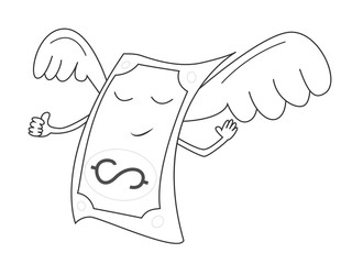 Vector illustration of a banknote with wings on a white background. Hand drawn illustration of money. Casino. Winning, trading income