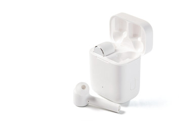  White Wireless Sport Headphones with Charging Box. Wireless in-ear Headphones for Jogging. Close...