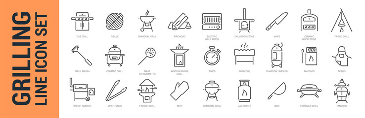 Grilling vector isolated line icon set. BBQ barbecue grill - obrazy, fototapety, plakaty