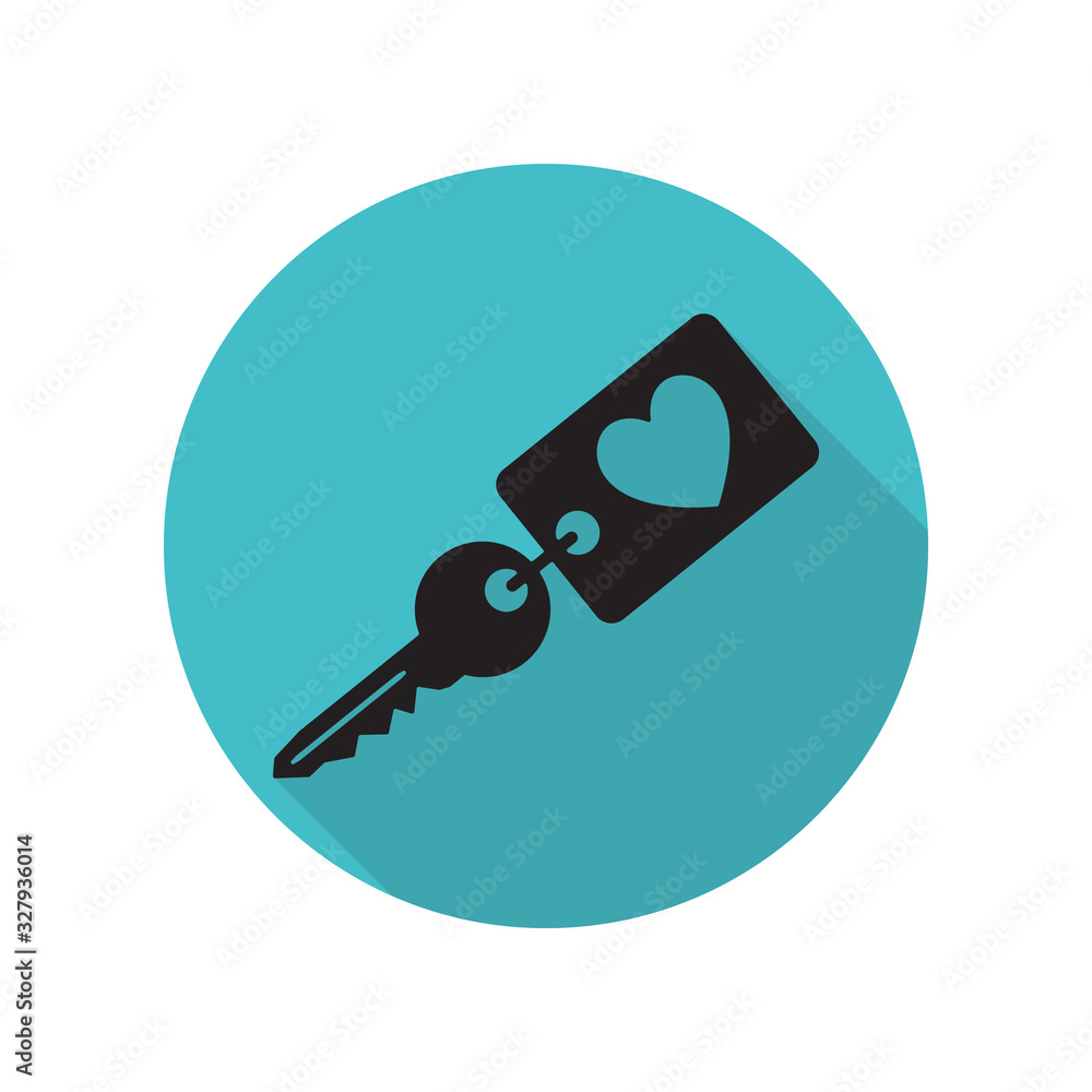 Poster key with a heart charm long shadow icon. simple glyph, flat vector of arrow icons for ui and ux, web