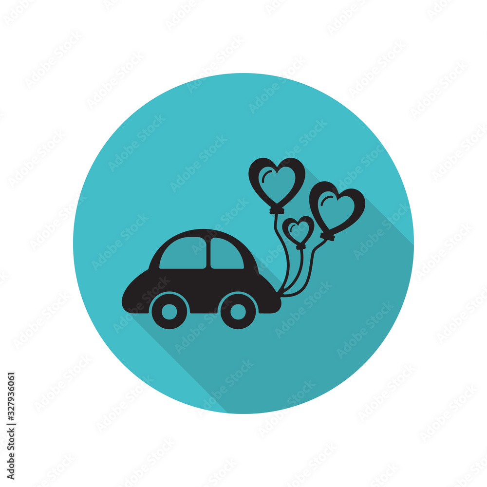 Poster car with balls of heart long shadow icon. simple glyph, flat vector of arrow icons for ui and ux, we