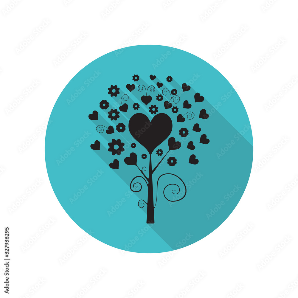 Poster love tree with hearts long shadow icon. simple glyph, flat vector of arrow icons for ui and ux, webs