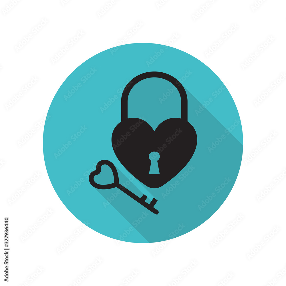Poster key and lock in the shape of a heart long shadow icon. simple glyph, flat vector of arrow icons for 