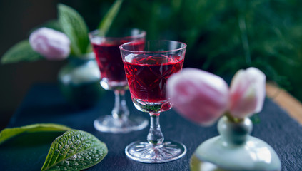 Rasperry liqour - fruit berry delicious sweet apperitif, homemade from garden berries.