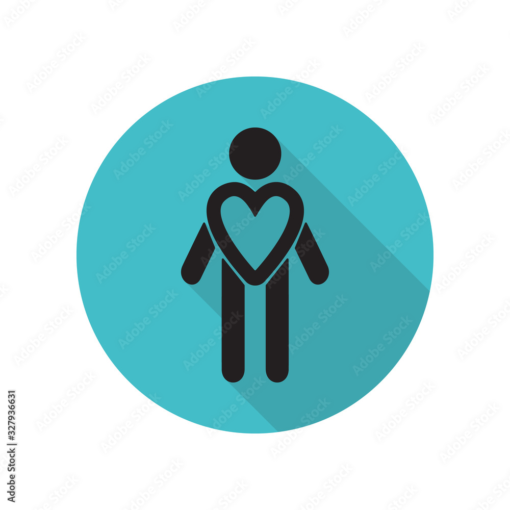 Poster man in the form of heart long shadow icon. simple glyph, flat vector of arrow icons for ui and ux, w