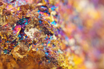 Non-ferrous metal. Nugget. Gold.Copper. Iron. Macro. Colorful background.