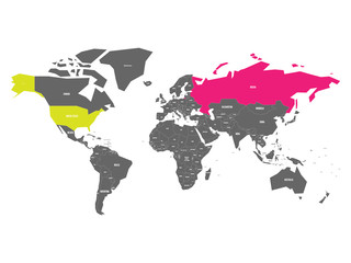 United States and Russia highlighted on political map of World. Vector illustration