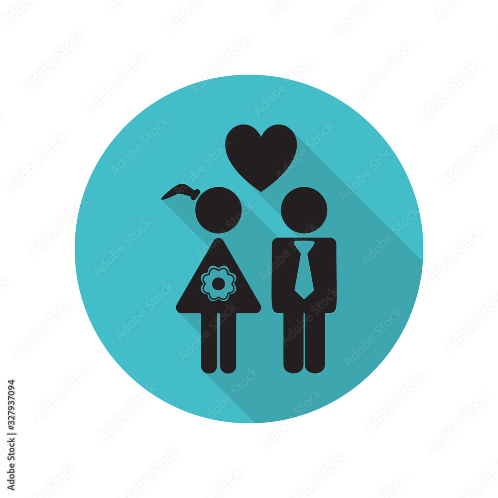Poster loving couple with heart long shadow icon. simple glyph, flat vector of arrow icons for ui and ux, w