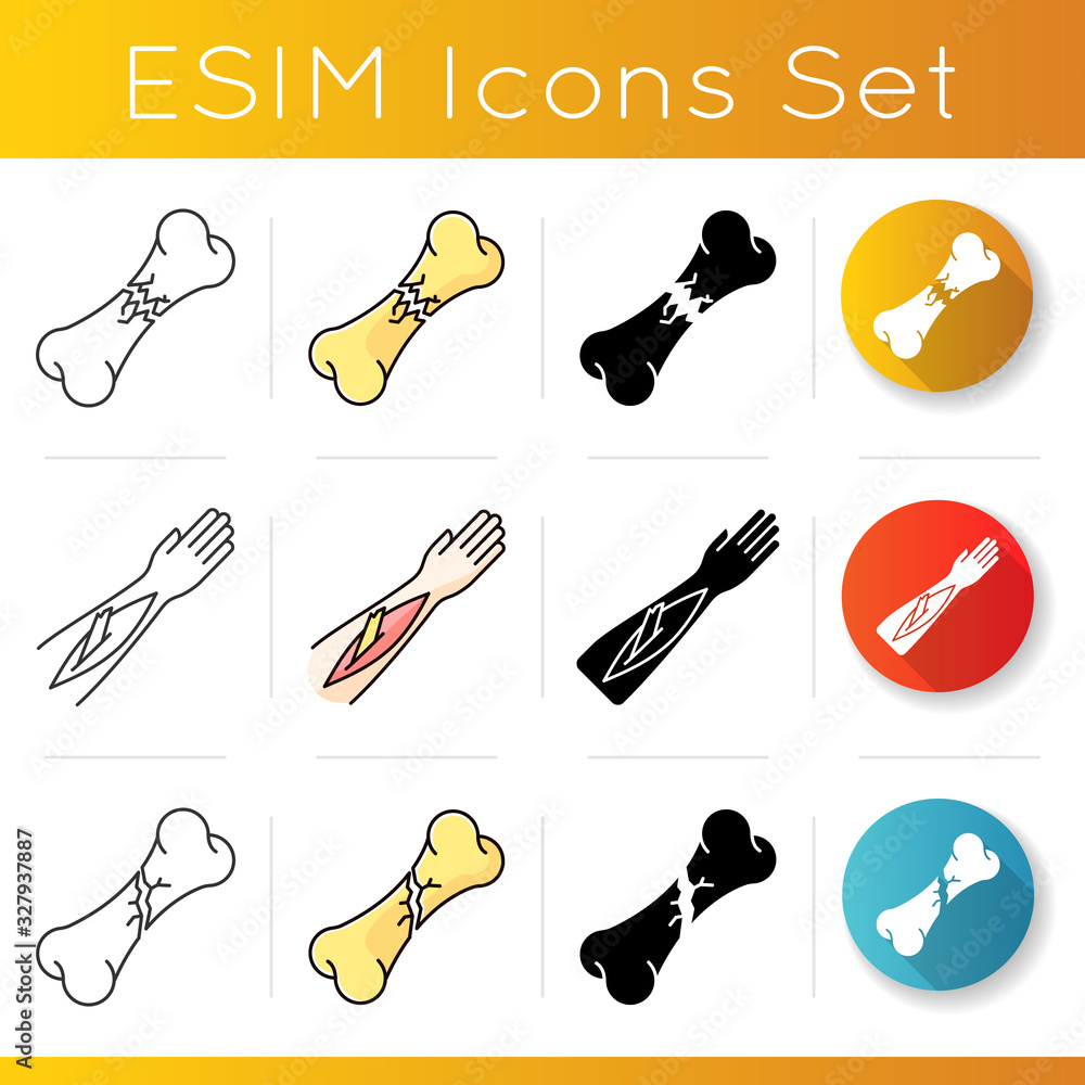 Aufkleber bone fractures icons set. open fracture. limb and body part injuries. healthcare. linear, black and 