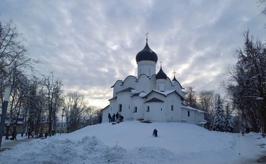 Ancient orthodox christian stone temple. Pskov, Russia. The Church of St. Basil the Great on the...
