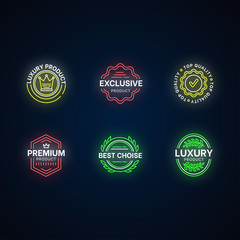 Top quality neon light icons set. Premium products signs with outer glowing effect. Brand advertising, exclusiveness assurance. Best choice elegant badges vector isolated RGB color illustrations