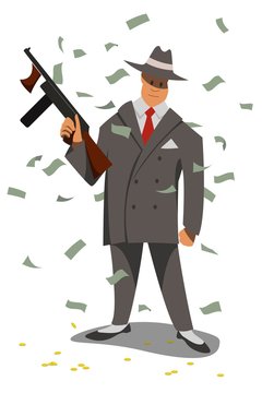 Twenties gangster in a hat and with a machine gun in his hand stands among flying notes, isolated on white background. Flat vector character.