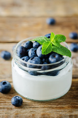 Greek yogurt blueberry parfaits with fresh berries and mint leaves