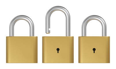 Naklejka premium Opened and closed lock. Realistic golden padlock vector illustration.